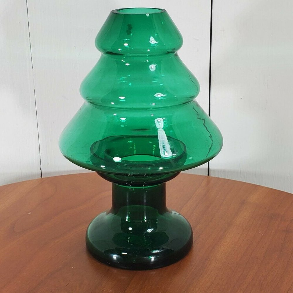 2 pc Hand Blown Green Glass Christmas Tree Candle Holder votive Elements 6.25"